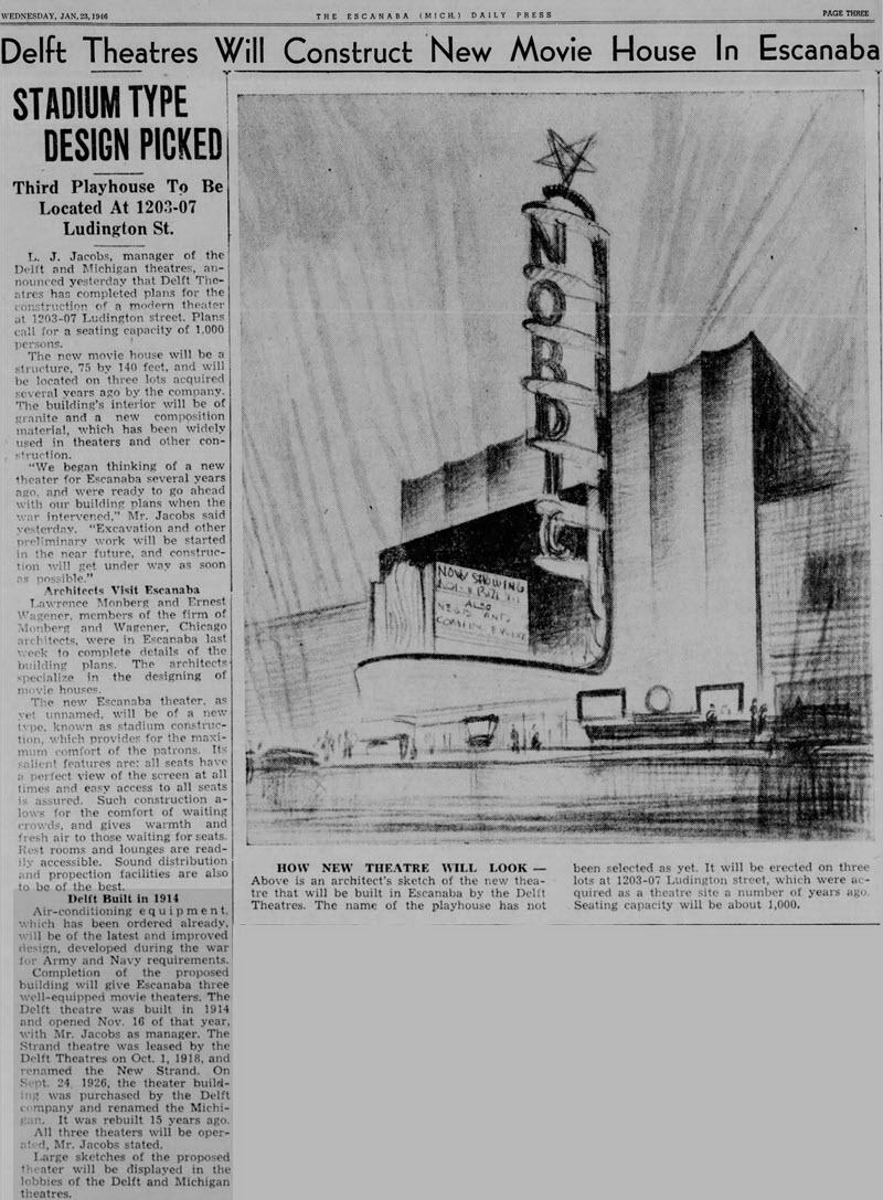 Michigan Theatre - JAN 23 1946 ARTICLE ON NEW THEATER NEVER BUILT AND HISTORY OF STRAND AND MICHIGAN